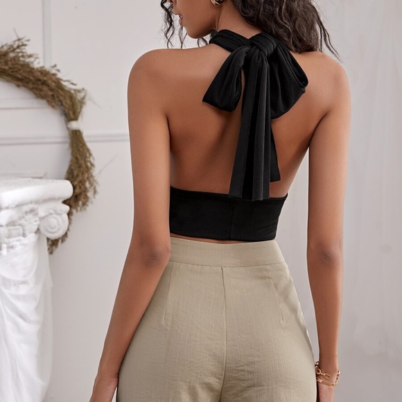 Boho black Ribbed Summer Wrap Crop Halter Top - Picture 13 of 13